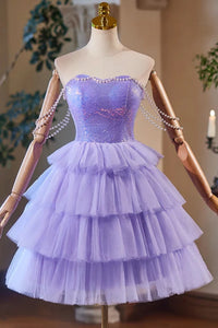 Lilac Tulle Elegant Off the Shoulder Short Prom Dresses, Layered Lilac Homecoming Dresses, Short Lilac Formal Graduation Evening Dresses WT1505