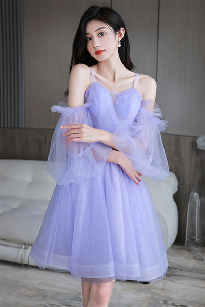Lilac Tulle Lovely Long Sleeves Prom Dresses, Lilac Tulle Homecoming Dresses, Short Lilac Formal Graduation Evening Dresses WT1261