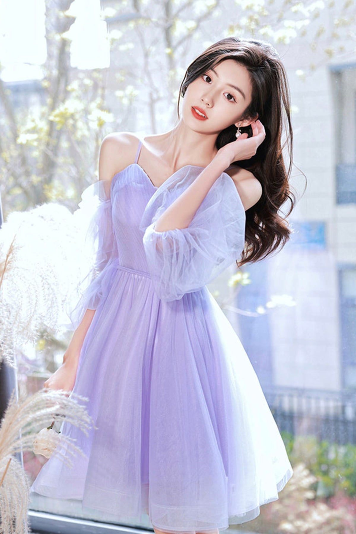 Lilac Tulle Lovely Long Sleeves Prom Dresses, Lilac Tulle