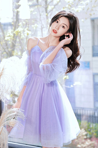 Lilac Tulle Lovely Long Sleeves Prom Dresses, Lilac Tulle Homecoming Dresses, Short Lilac Formal Graduation Evening Dresses WT1261