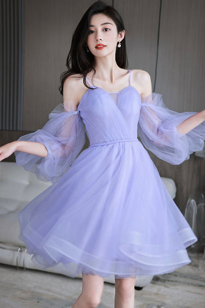 lilac formal dress short A-line Spaghetti Straps Lavender Short/Mini Prom Dress Satin Formal Go SELINADRESS