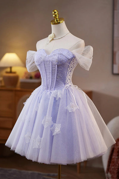 Lilac Tulle Off the Shoulder Lace Short Prom Dresses, Lilac Lace Homecoming Dresses, Lilac Formal Graduation Evening Dresses WT1647