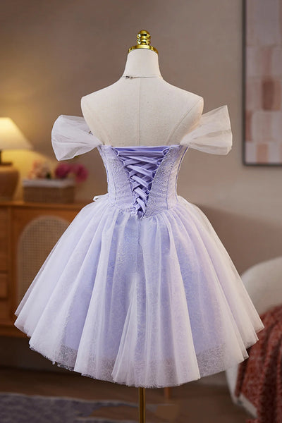 Lilac Tulle Off the Shoulder Lace Short Prom Dresses, Lilac Lace Homecoming Dresses, Lilac Formal Graduation Evening Dresses WT1647