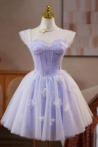 Lilac Tulle Off the Shoulder Lace Short Prom Dresses, Lilac Lace Homecoming Dresses, Lilac Formal Graduation Evening Dresses WT1647