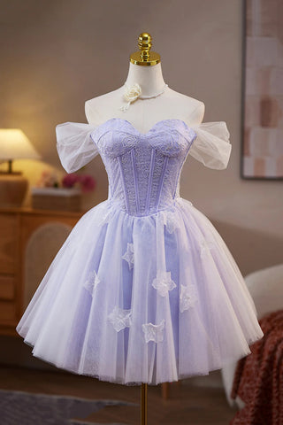Lilac Tulle Off the Shoulder Lace Short Prom Dresses, Lilac Lace Homecoming Dresses, Lilac Formal Graduation Evening Dresses WT1647