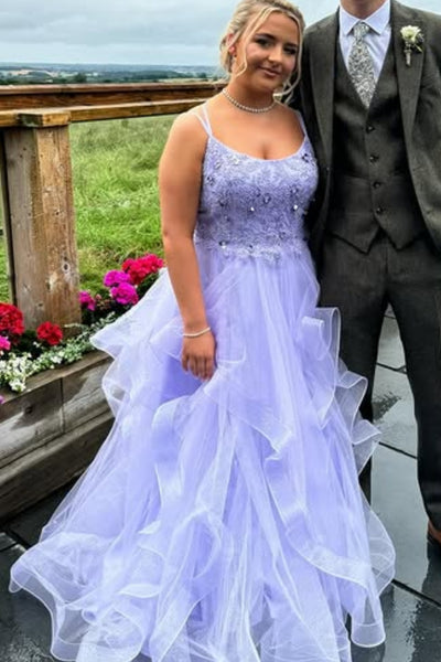Lilac Tulle Open Back Lace Long Prom Dresses, Lilac Lace Formal Dresses, Lilac Tulle Evening Dresses WT1752