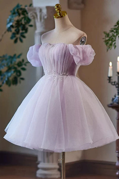 Lilac Tulle Princess Off Shoulder Short Prom Dresses, Off the Shoulder Lilac Homecoming Dresses WT1520