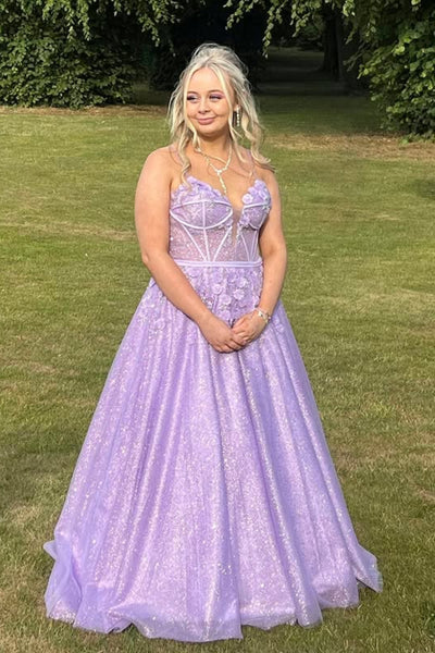 Lilac Tulle Shiny A Line Spaghetti Straps V Neck Floral Long Prom Dresses, Lilac Formal Graduation Evening Dresses with Appliques WT1759