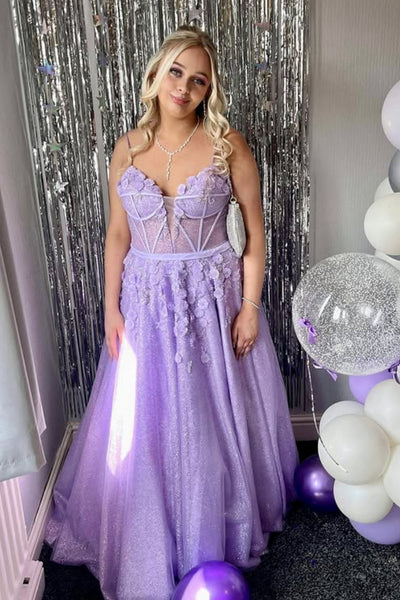 Lilac Tulle Shiny A Line Spaghetti Straps V Neck Floral Long Prom Dresses, Lilac Formal Graduation Evening Dresses with Appliques WT1759