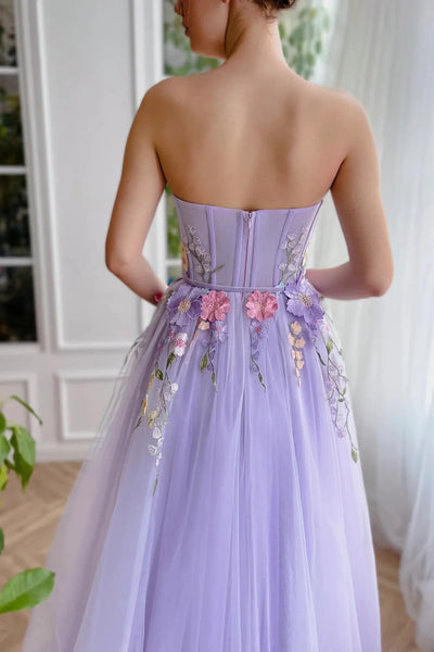 Lilac Tulle Strapless Lace Appliques Long Prom Dresses, Lavender Lace Formal Dresses, Lilac Evening Dresses WT1373