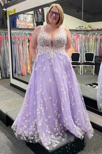 Lilac Tulle V Neck Open Back White Lace Long Prom Dresses, Purple Lace Formal Graduation Evening Dresses WT1336