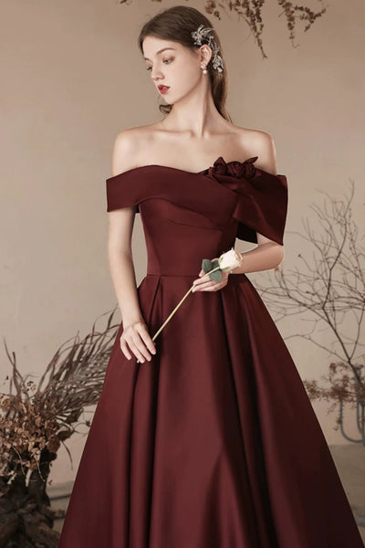 Maroon Off Shoulder Floral Long Prom Dresses, Burgundy Formal Graduation Evening Dresses WT1408