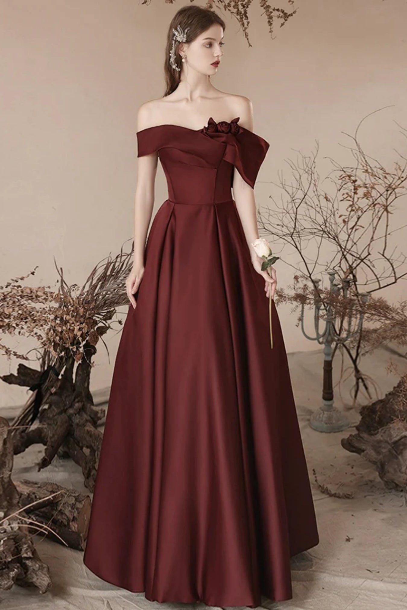 Maroon Off Shoulder Floral Long Prom Dresses, Burgundy Formal Graduati Lwt Dress Maroon Off Shoulder Floral Long Prom Dresses, Burgundy Formal Graduati Lwt Dress