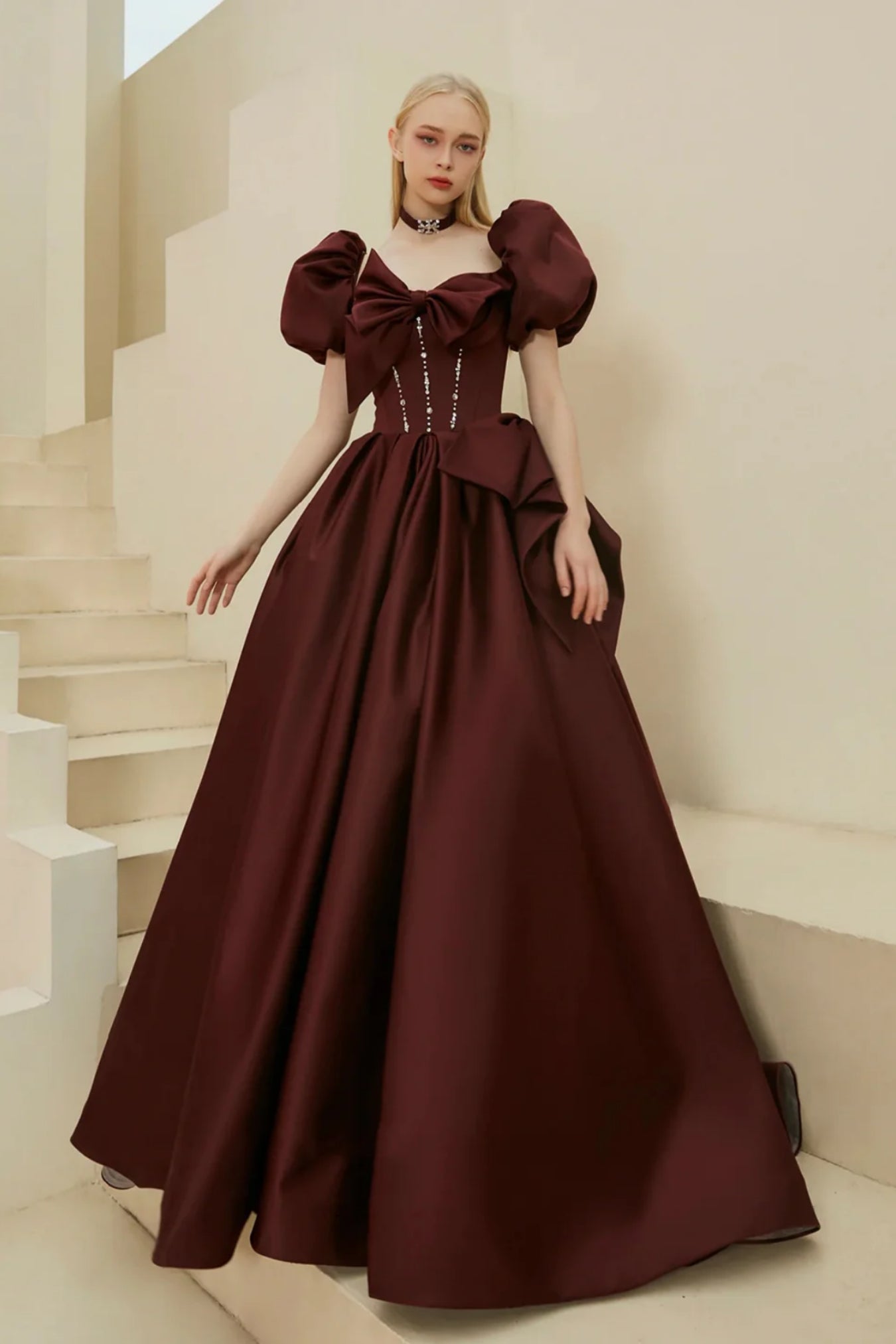 Maroon Satin Gorgeous Puff Short Sleeves Long Prom Dresses, Long Maroo Lwt Dress Maroon Satin Gorgeous Puff Short Sleeves Long Prom Dresses, Long Maroo Lwt Dress
