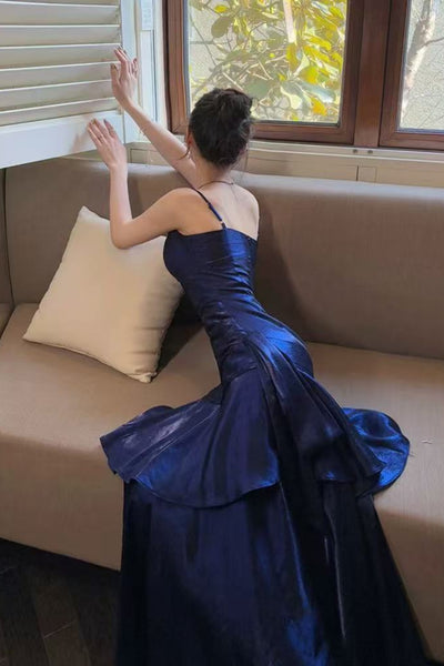 Mermaid Spaghetti Straps Navy Blue Satin Long Prom Dresses, Mermaid Navy Blue Formal Graduation Evening Dresses WT1809