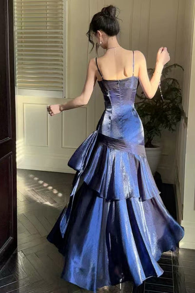 Mermaid Spaghetti Straps Navy Blue Satin Long Prom Dresses, Mermaid Navy Blue Formal Graduation Evening Dresses WT1809