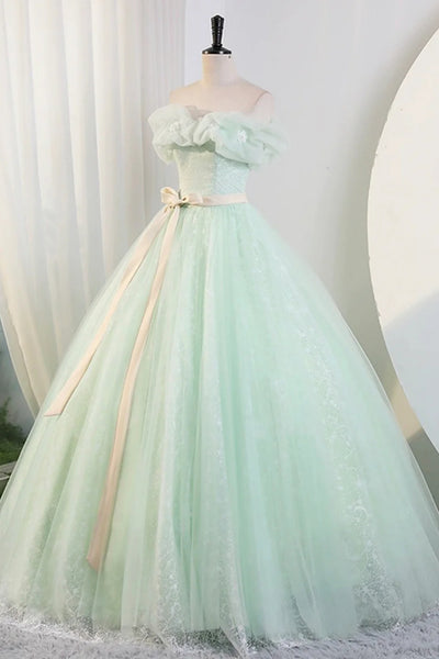 Mint Green Lace Long Prom Dresses, Mint Green Formal Evening Dresses, Green Party Dresses WT1451