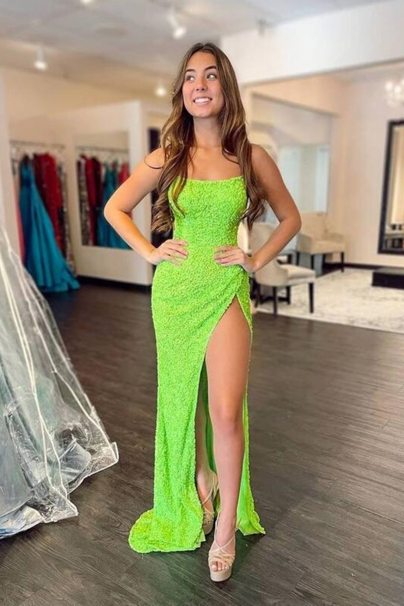 Mint Green Sequins Mermaid Long Prom Dresses with High Split, Mermaid