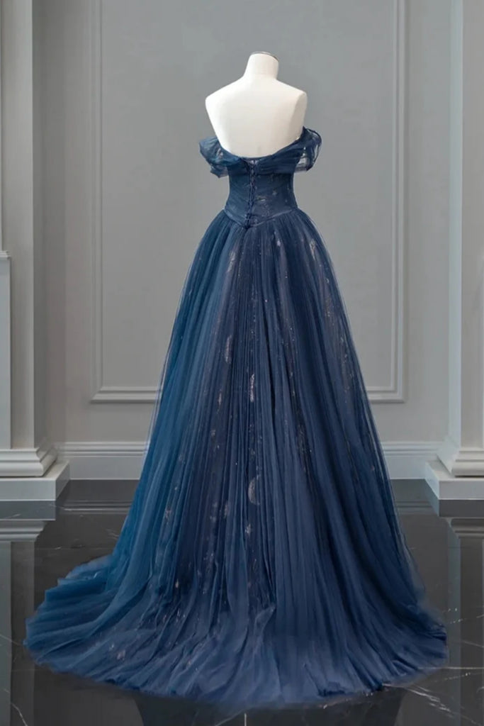 Navy Blue A Line Off the Shoulder Tulle Long Prom Dresses, Navy Blue T Lwt Dress Navy Blue A Line Off the Shoulder Tulle Long Prom Dresses, Navy Blue T Lwt Dress