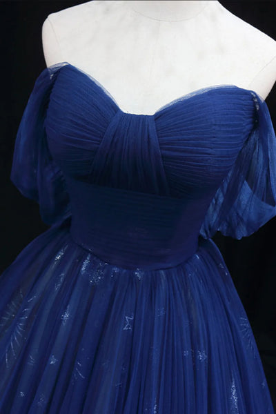 Navy Blue Off Shoulder Tulle Long Prom Dresses, Off the Shoulder Formal Dresses, Blue Evening Dresses WT1393