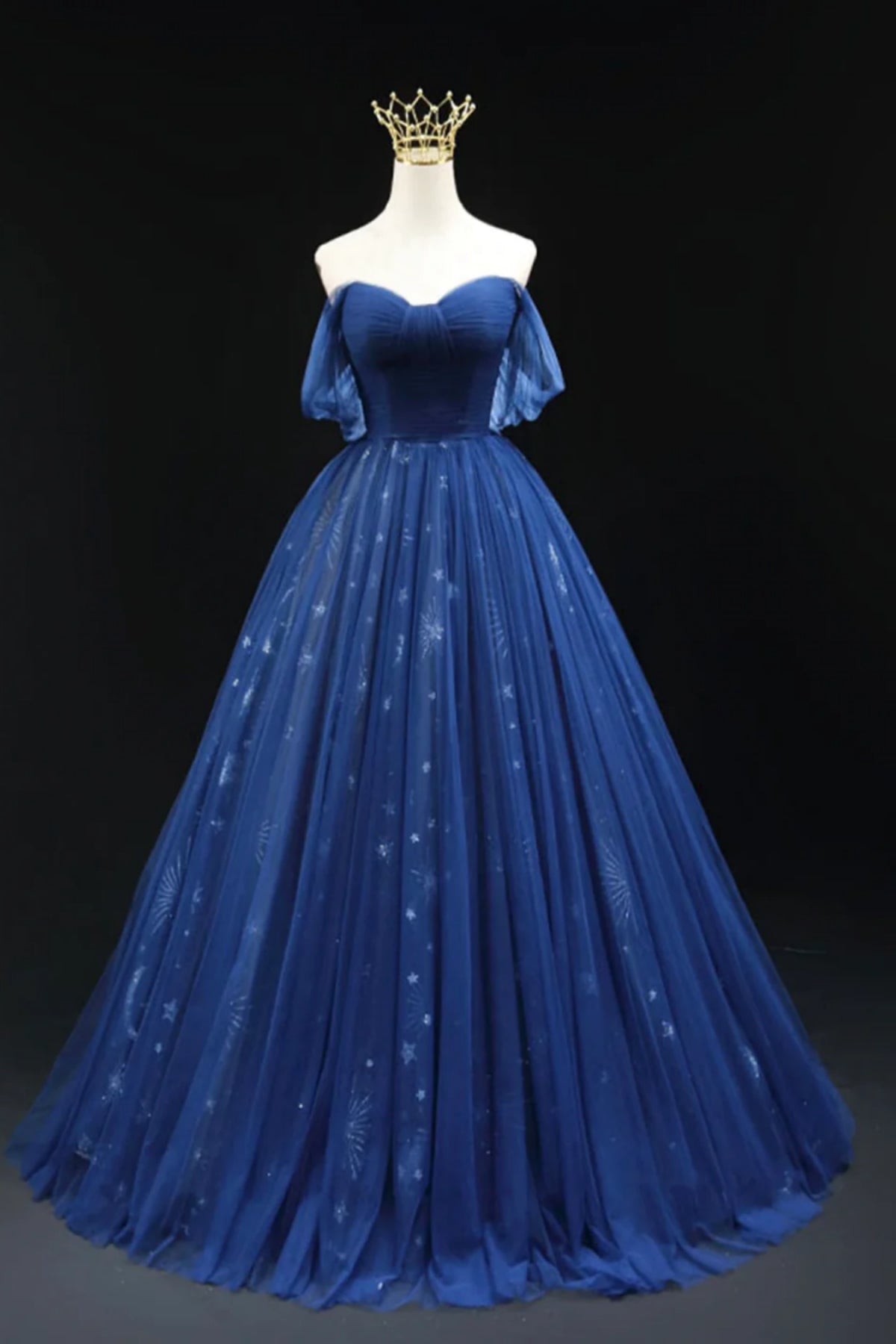 Navy Blue Off Shoulder Tulle Long Prom Dresses, Off the Shoulder Formal Dresses, Blue Evening Dresses WT1393