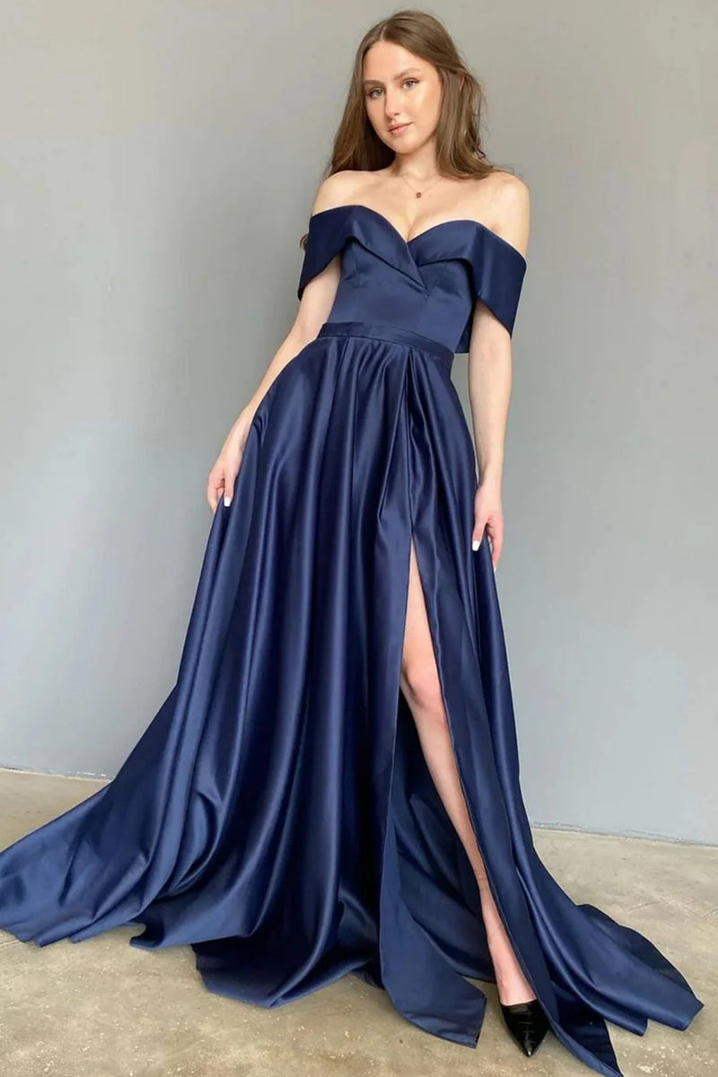 Navy Blue Satin Off Shoulder Long Prom Dresses with High Slit, Off the