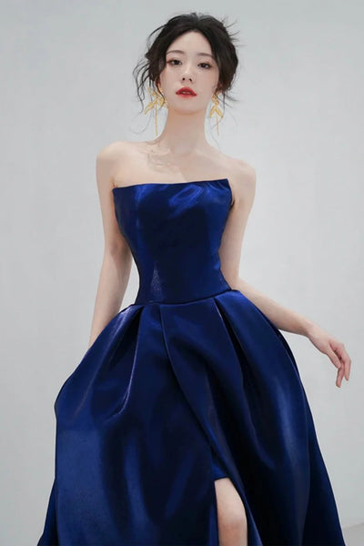 Navy Blue Satin Strapless Long Prom Dresses with High Slit, A Line Navy Blue Formal Graduation Evening Dresses WT1536