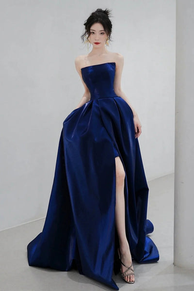 Navy Blue Satin Strapless Long Prom Dresses with High Slit, A Line Navy Blue Formal Graduation Evening Dresses WT1536