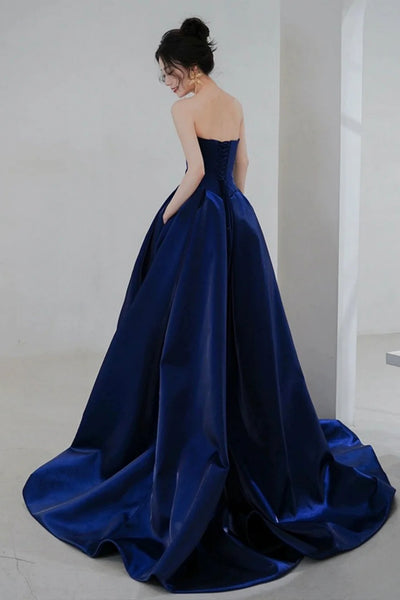 Navy Blue Satin Strapless Long Prom Dresses with High Slit, A Line Navy Blue Formal Graduation Evening Dresses WT1536