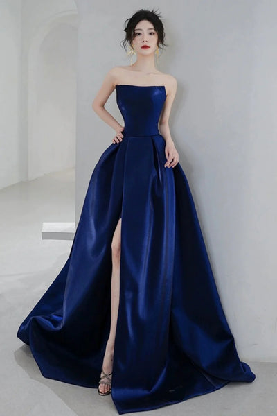 Navy Blue Satin Strapless Long Prom Dresses with High Slit, A Line Navy Blue Formal Graduation Evening Dresses WT1536