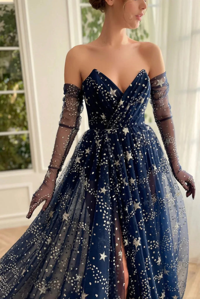 Navy Blue Strapless Long Sleeves Lace Prom Dresses with High Slit, Nav Lwt Dress Navy Blue Strapless Long Sleeves Lace Prom Dresses with High Slit, Nav Lwt Dress