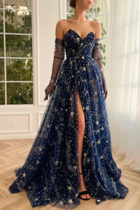 Navy Blue Strapless Long Sleeves Lace Prom Dresses with High Slit, Nav Lwt Dress Navy Blue Strapless Long Sleeves Lace Prom Dresses with High Slit, Nav Lwt Dress
