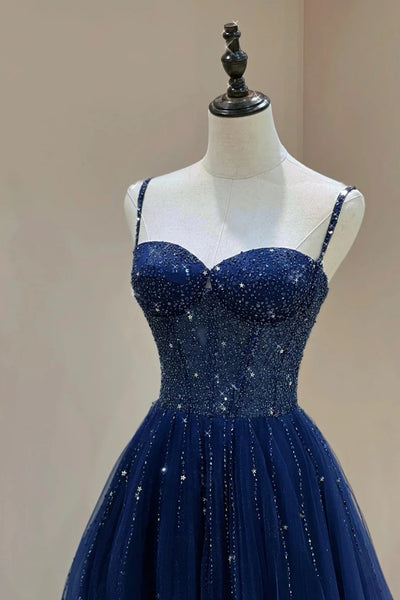 Navy Blue Sweetheart Neck Beaded Tulle Long Prom Dresses, Navy Blue Sequins Formal Dresses, Long Navy Blue Evening Dresses WT1361