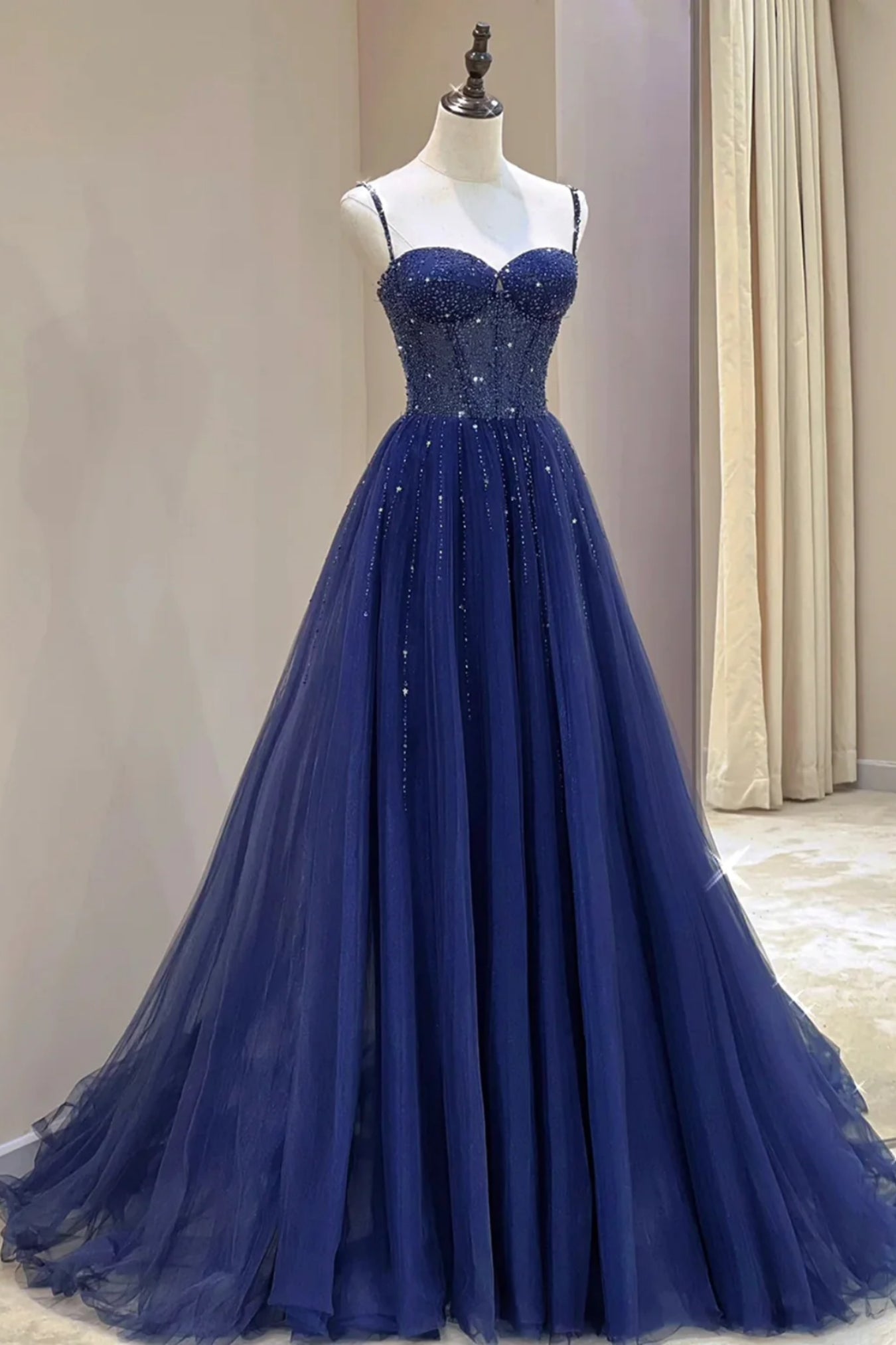 Navy Blue Sweetheart Neck Beaded Tulle Long Prom Dresses, Navy Blue Se Lwt Dress Navy Blue Sweetheart Neck Beaded Tulle Long Prom Dresses, Navy Blue Se Lwt Dress