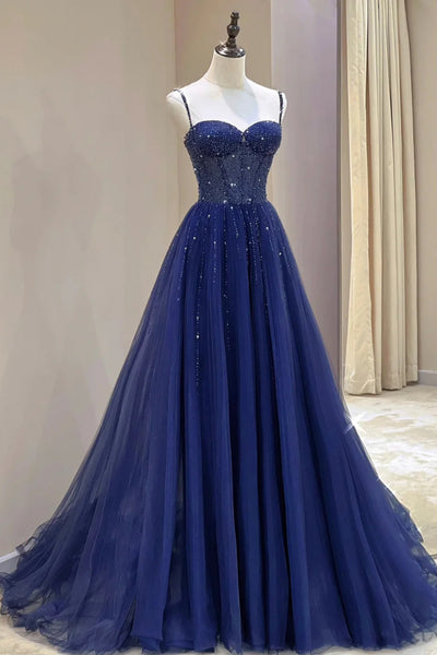 Navy Blue Sweetheart Neck Beaded Tulle Long Prom Dresses, Navy Blue Sequins Formal Dresses, Long Navy Blue Evening Dresses WT1361
