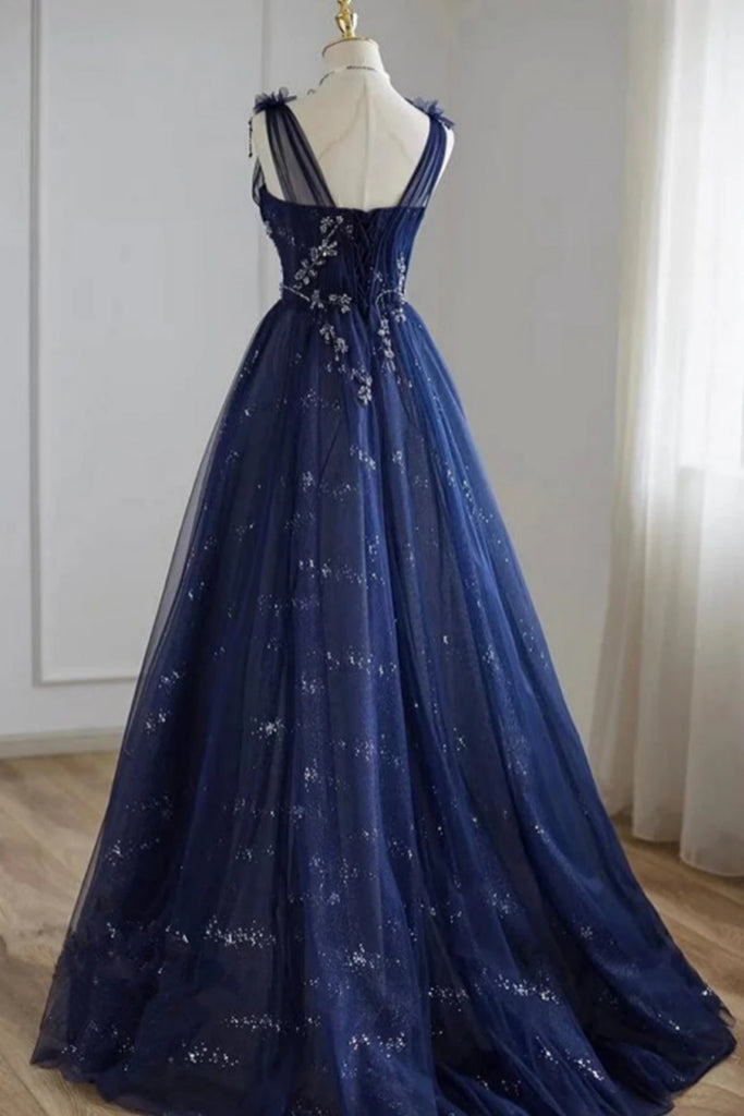 Navy Blue Tulle A Line Lace Appliques Long Prom Dresses, Navy Blue Lac Lwt Dress Navy Blue Tulle A Line Lace Appliques Long Prom Dresses, Navy Blue Lac Lwt Dress