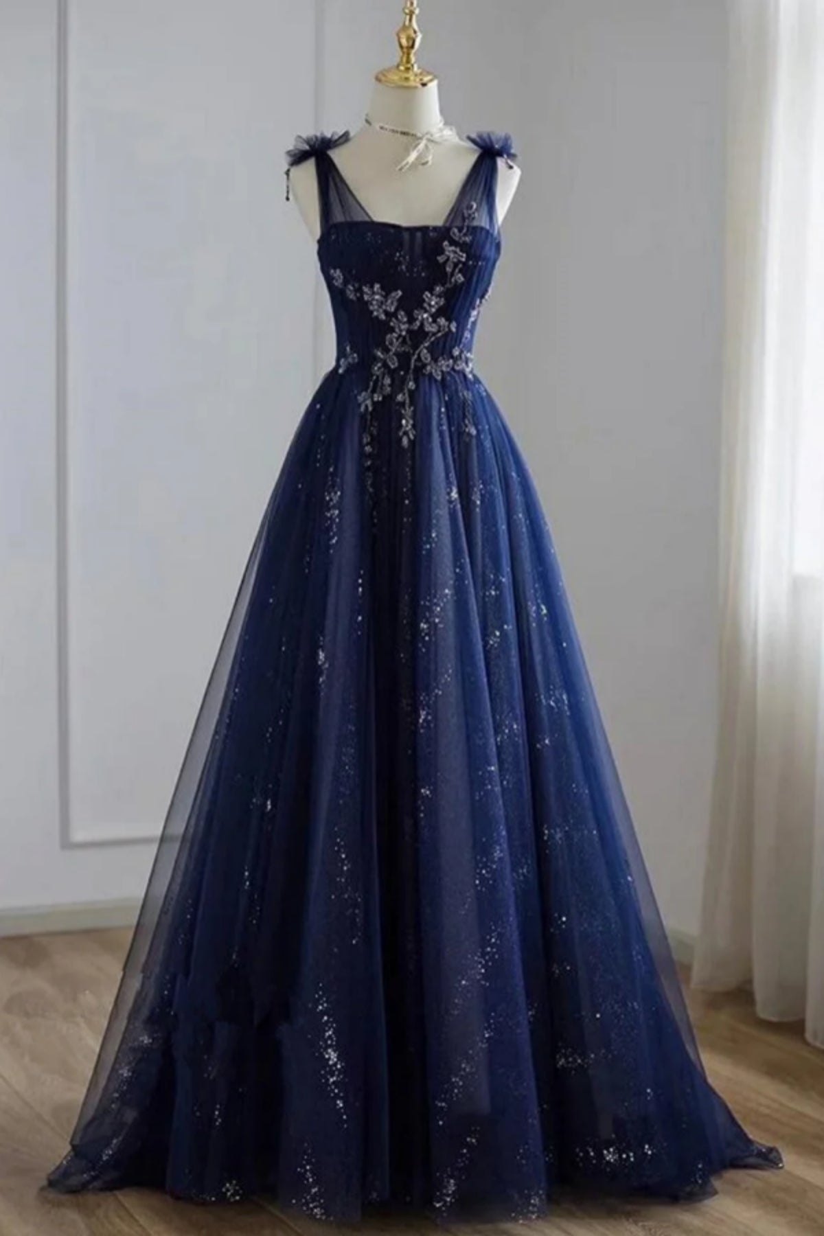Navy Blue Tulle A Line Lace Appliques Long Prom Dresses, Navy Blue Lac Lwt Dress Navy Blue Tulle A Line Lace Appliques Long Prom Dresses, Navy Blue Lac Lwt Dress