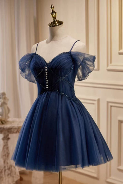 Navy Blue Tulle Cute Off the Shoulder Short Prom Dresses with Pearls, Off Shoulder Navy Blue Homecoming Dresses, Blue Formal Graduation Evening Dresses WT1640