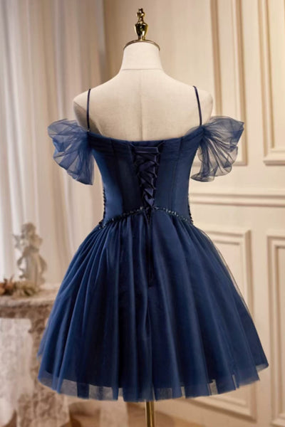 Navy Blue Tulle Cute Off the Shoulder Short Prom Dresses with Pearls, Off Shoulder Navy Blue Homecoming Dresses, Blue Formal Graduation Evening Dresses WT1640