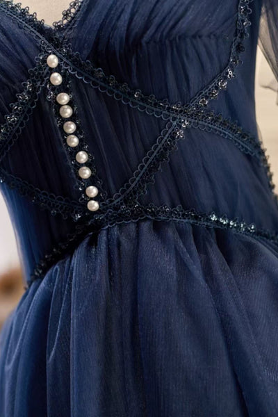 Navy Blue Tulle Cute Off the Shoulder Short Prom Dresses with Pearls, Off Shoulder Navy Blue Homecoming Dresses, Blue Formal Graduation Evening Dresses WT1640