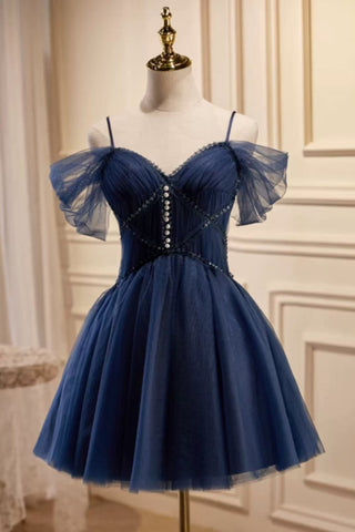 Navy Blue Tulle Cute Off the Shoulder Short Prom Dresses with Pearls, Off Shoulder Navy Blue Homecoming Dresses, Blue Formal Graduation Evening Dresses WT1640