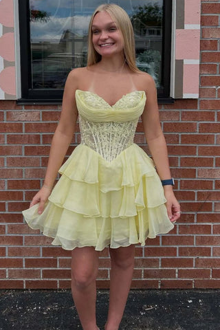 Navy Blue/Yellow A Line Strapless Layered Lace Short Prom Dresses, Navy Blue/Yellow Lace Homecoming Dresses WT1665