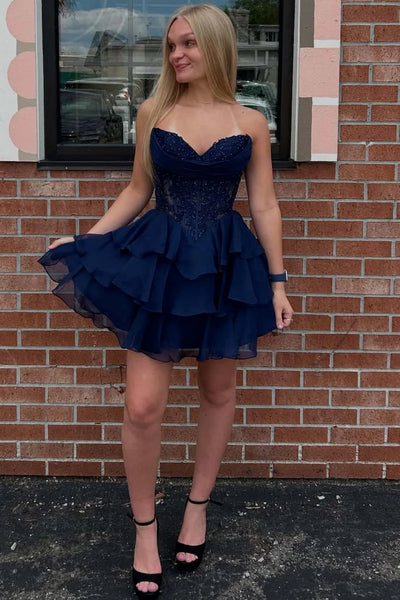 Navy Blue/Yellow A Line Strapless Layered Lace Short Prom Dresses, Navy Blue/Yellow Lace Homecoming Dresses WT1665