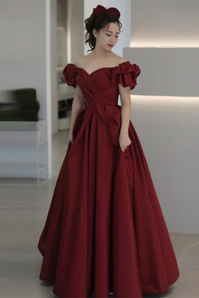Off the Shoulder Burgundy Satin Long Prom Dresses, Off Shoulder Burgundy Formal Graduation Evening Dresses WT1849