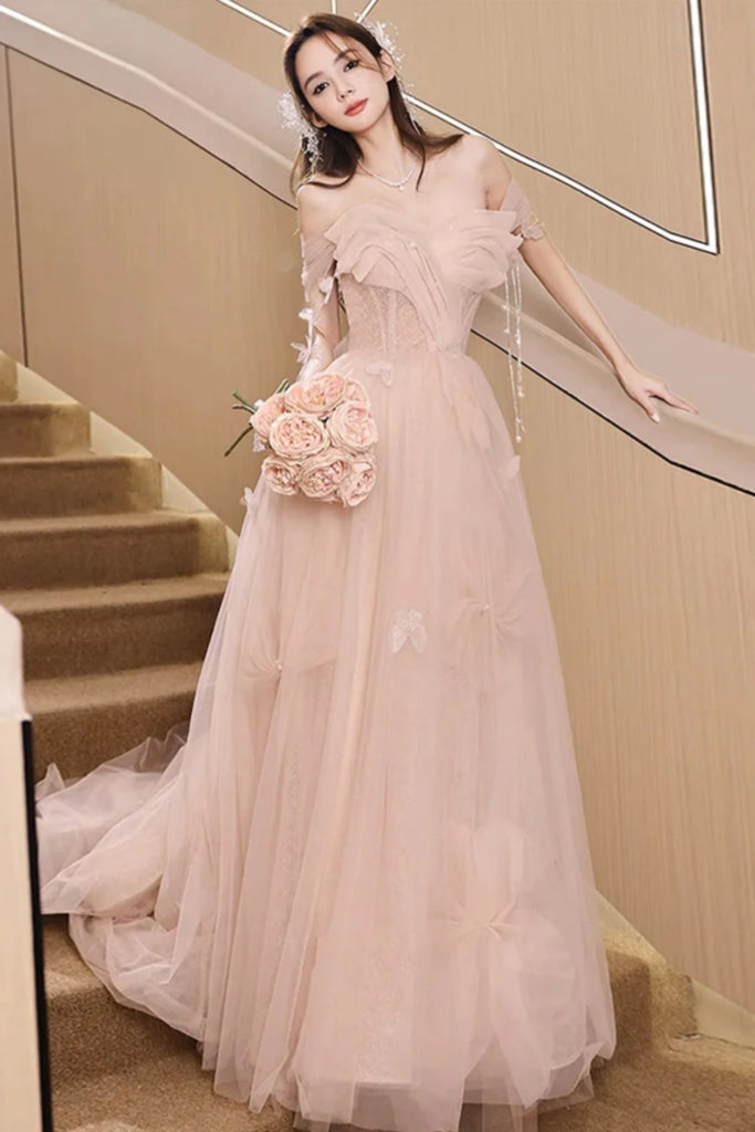 champagne tulle prom dress Champagne Off the Shoulder Tulle Floral Floor Length Long Prom Dresses Champagne / 10
