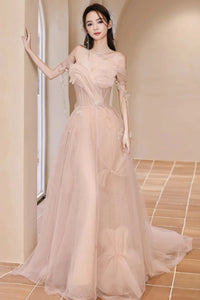 Off Shoulder Champagne Tulle Long Prom Dresses, Champagne Tulle Formal Evening Dresses WT1416
