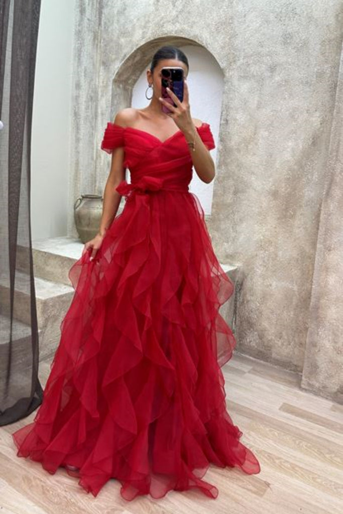 Off Shoulder Fluffy Tulle Long Prom Dresses, High Low Tulle Formal Eve Lwt Dress Off Shoulder Fluffy Tulle Long Prom Dresses, High Low Tulle Formal Eve Lwt Dress