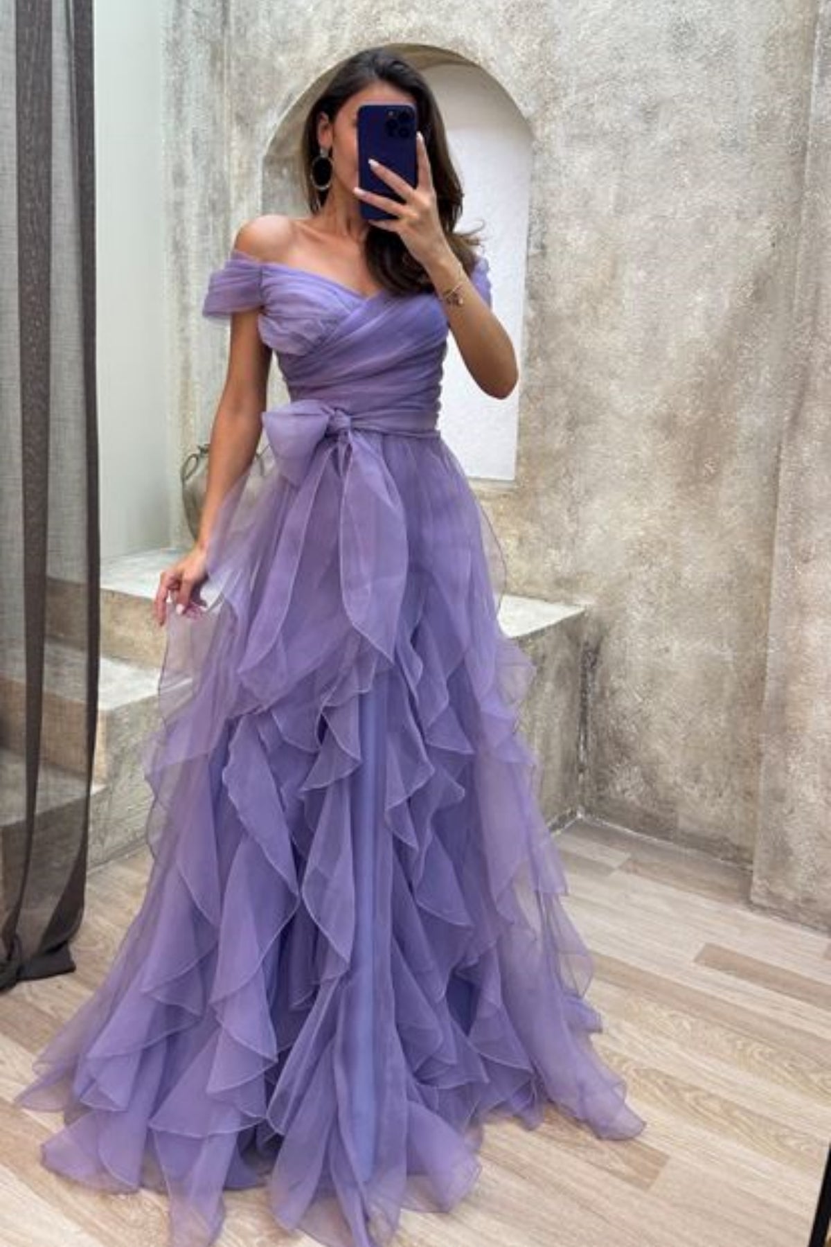Off Shoulder Fluffy Tulle Long Prom Dresses, High Low Tulle Off Shoulder Fluffy Tulle Long Prom Dresses, High Low Tulle
