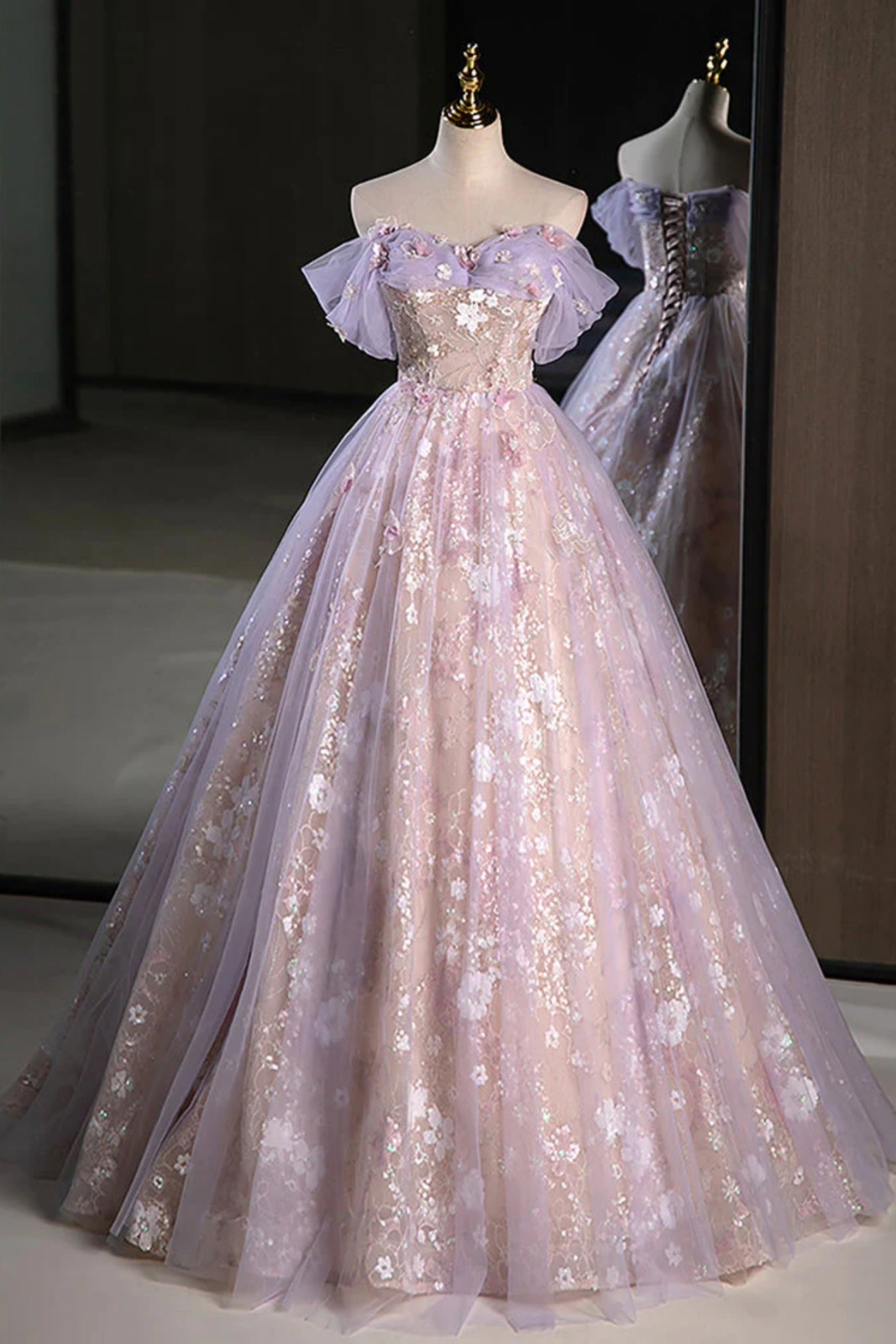 Off Shoulder Pink Lace Floral Long Prom Dresses with Lilac Tulle, Pink Lace Floral Formal Dresses, Lilac Evening Dresses WT1328