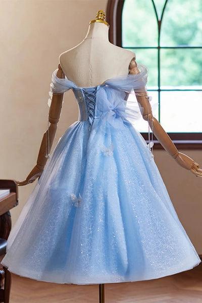 Off Shoulder Short Light Blue Prom Dresses, Off the Shoulder Homecoming Dresses, Light Blue Formal Evening Dresses WT1501